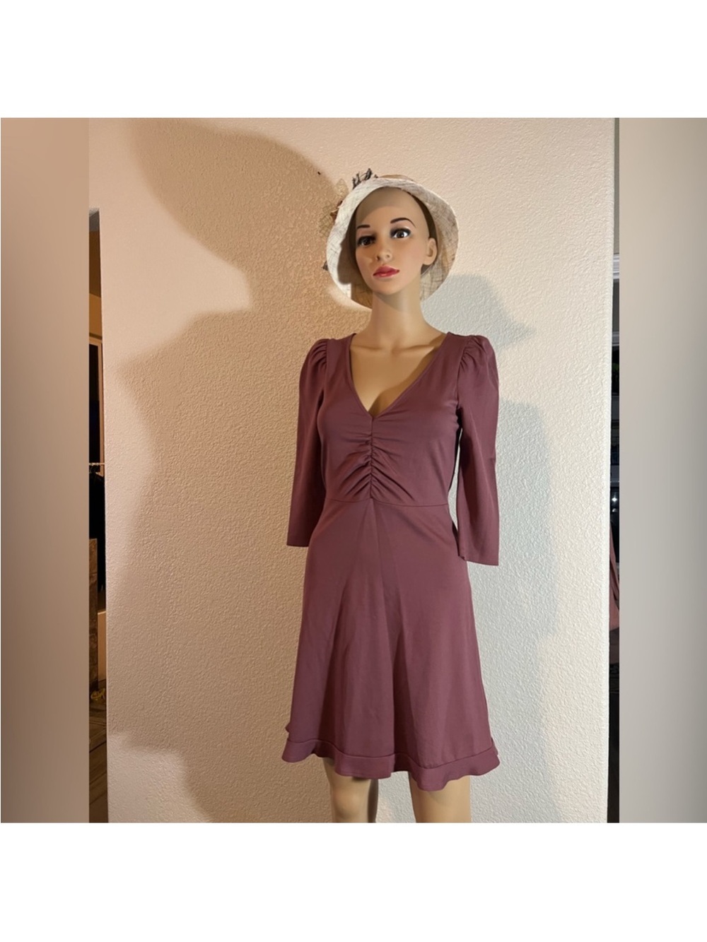 Express Mauve Ruched V-Neck Mini Dress